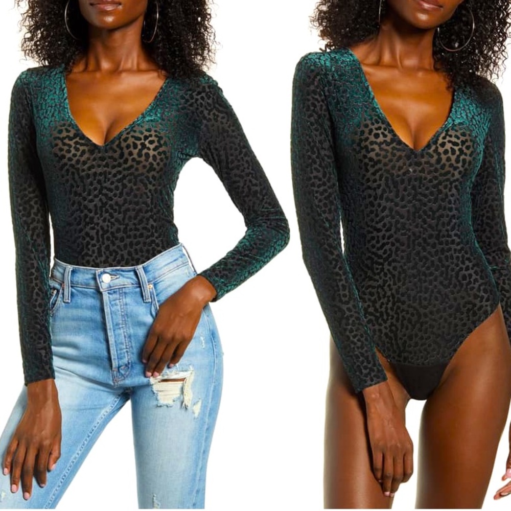 NWT Leith Velvet Leopard Burnout Deep V Bodysuit